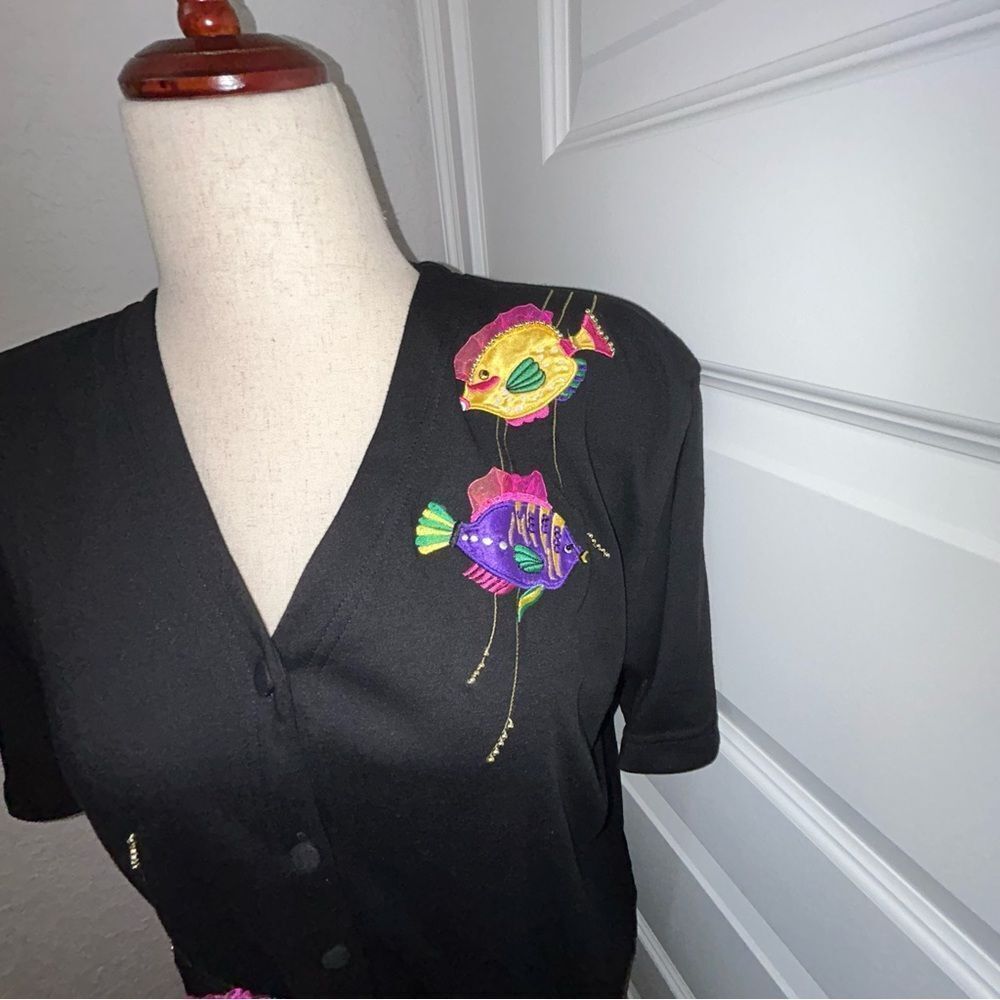 Vintage Lisa International Fish Print Button Front Short Sleeve Shirt Top - Picture 3 of 10